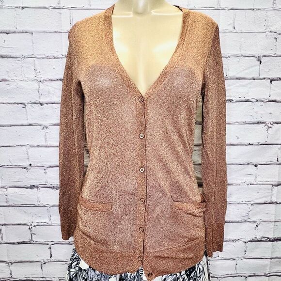 J. Crew Womens Bronze Metalized Fiber V-Neck Button Front Cardigan Size Small - Picture 1 of 8